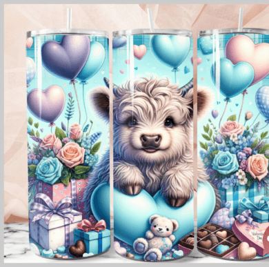 Highland Cow blue, pink, and purple heart Valentine