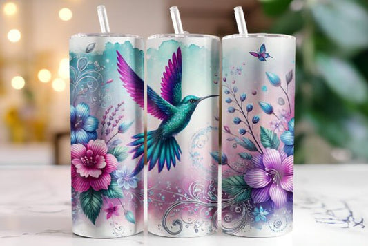 Bright Colored Hummingbird purple and teal tumbler