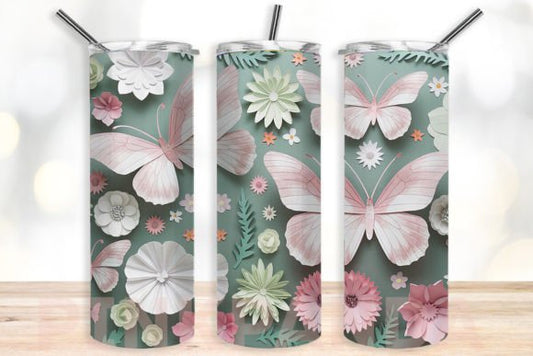 Paper green and pink Butterflies on a tumbler