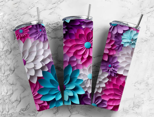 Colorful purple, teal, pink, and white daisy tumbler