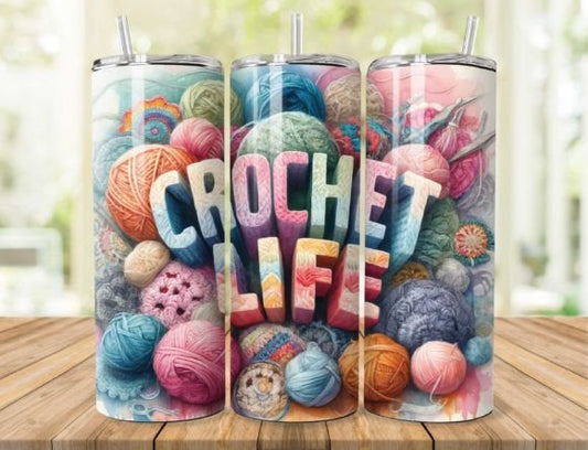 Bright colorful Crochet Life tumbler