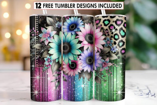 Pastel Sunflowers in Green, Pink, Blue, and Purple tumbler with glitter