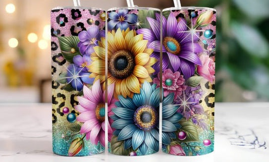 Blue, Pink, Pruple Sunflowers on a cheetah pattern tumbler