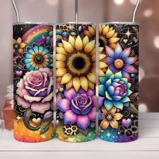 Roses and sunflowers on a beautiful colorful tumbler