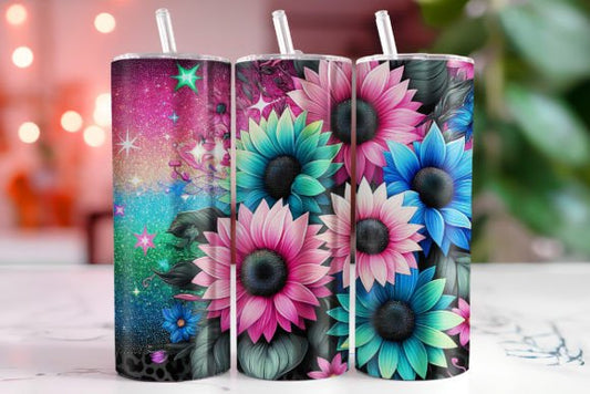Pink. blue, and green daisies sunflower glitter tumbler