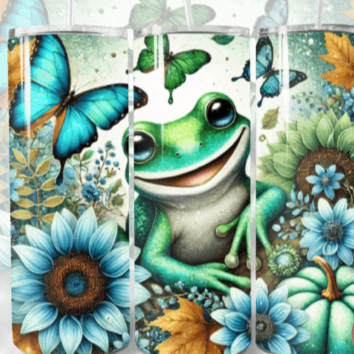 Brightly Colored Frog with Butterflies tumbler