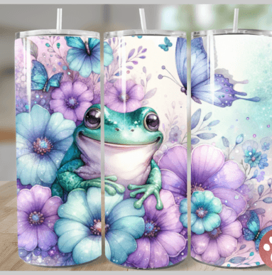 Purple and Teal Froggy and Flowers with Butterfly tumbler