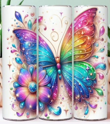 White and Rainbow butterfly tumbler