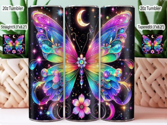Butterfly Tumbler with rainbow colors and black background