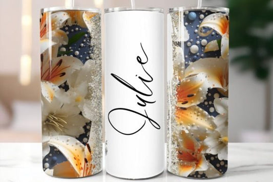 Customized Dark Blue, Orange, and White Lily Tumbler