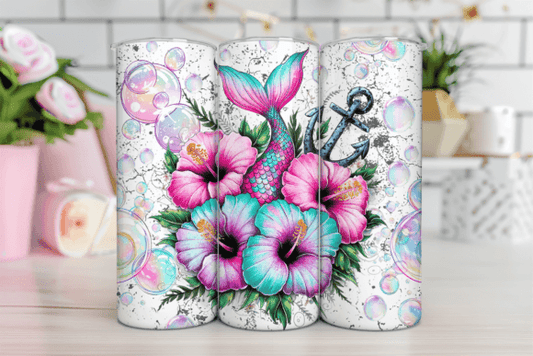 Mermaid Tail with Bubbles, Anchor, and Flowers tumbler