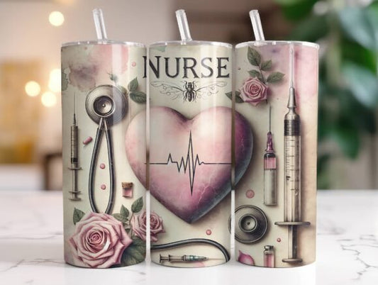 Nurse tumbler Heartbeat shots roses, stethoscope pink