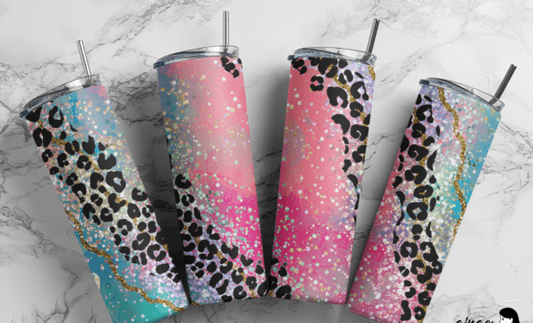 Pink and Teal Glitter Leopard tumbler