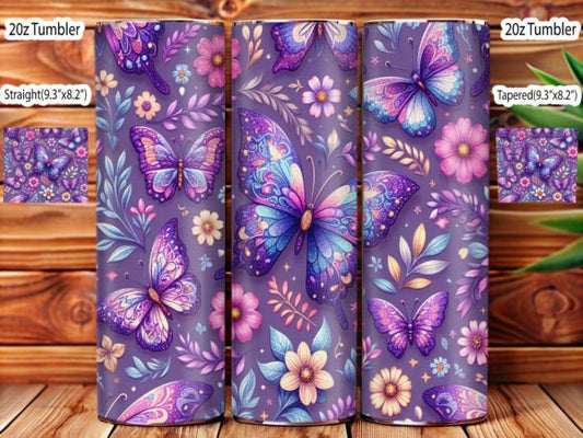 Purple, pink, and blue butterflies and flowers tumbler