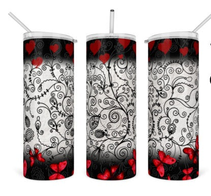Red Butterflies, black and white vines tumbler