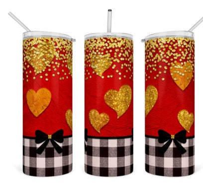 Valentine tumbler with gold hearts and gingham pattern black