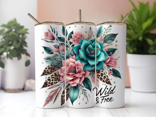 Wild and Free tumbler pink and Teal roses
