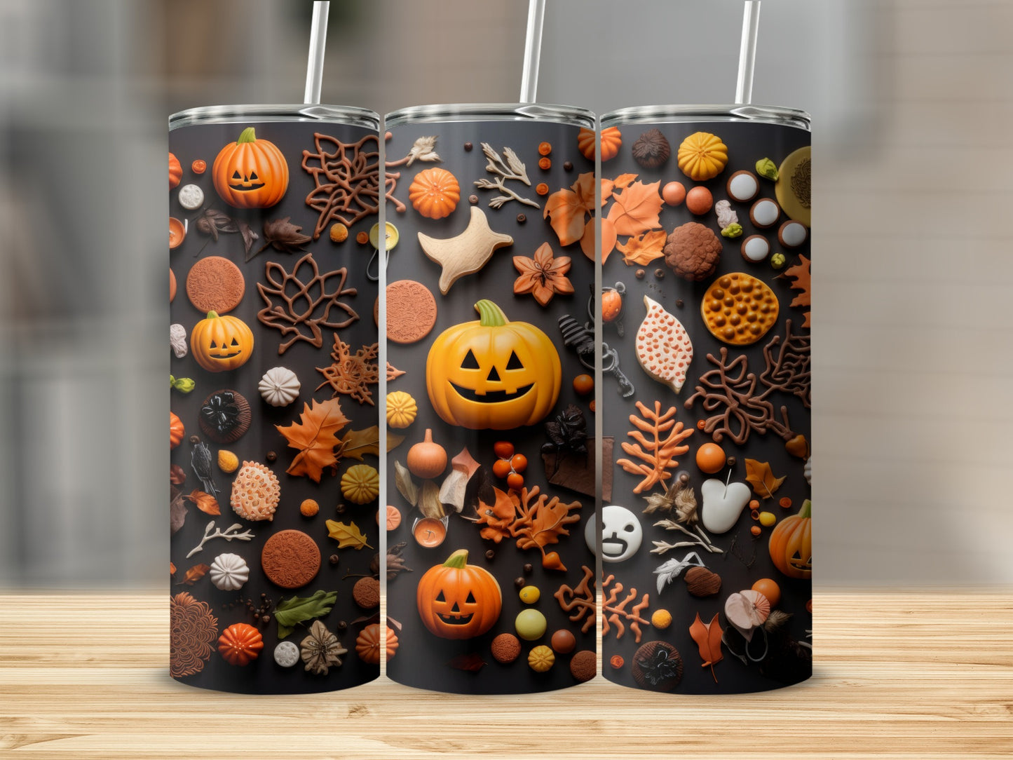 Tumblers with a Halloween pattern of pumpkins, leaves, and cookies.