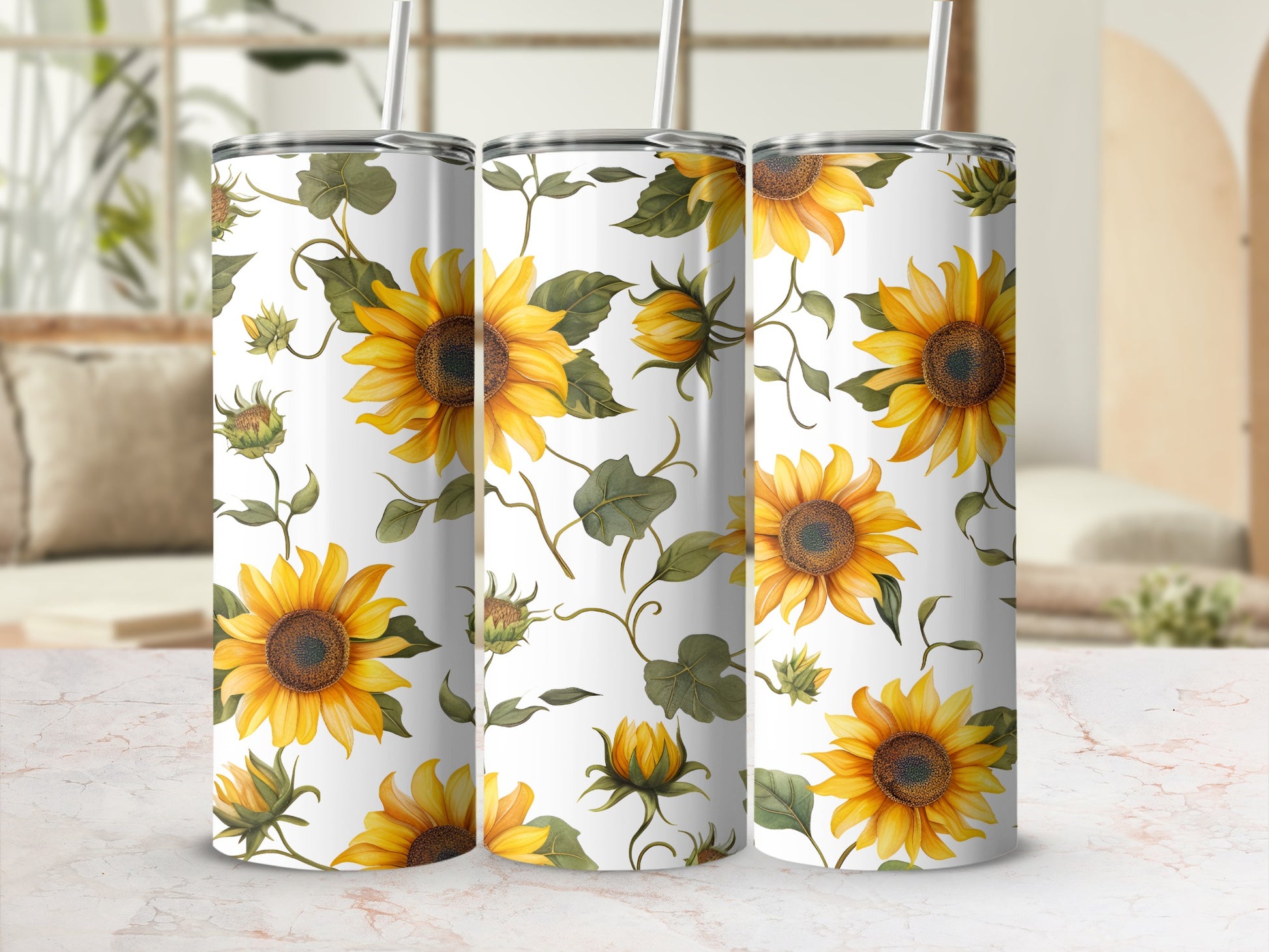 Tall tumbler with sunflowers and green leaves design.