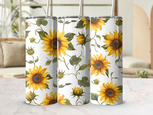 Tall tumbler with sunflowers and green leaves design.