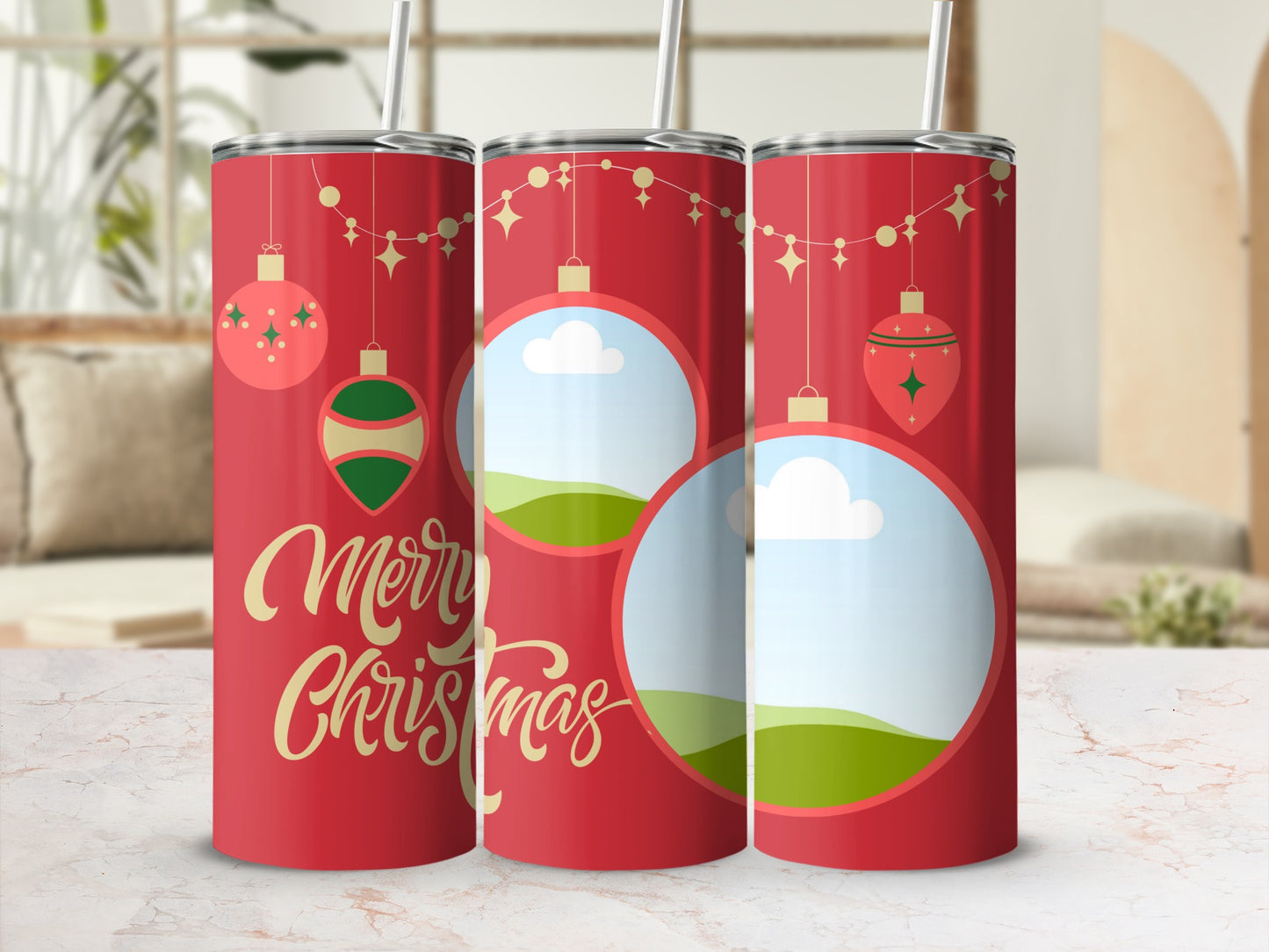 Red tumblers with Christmas ornaments and "Merry Christmas" text.