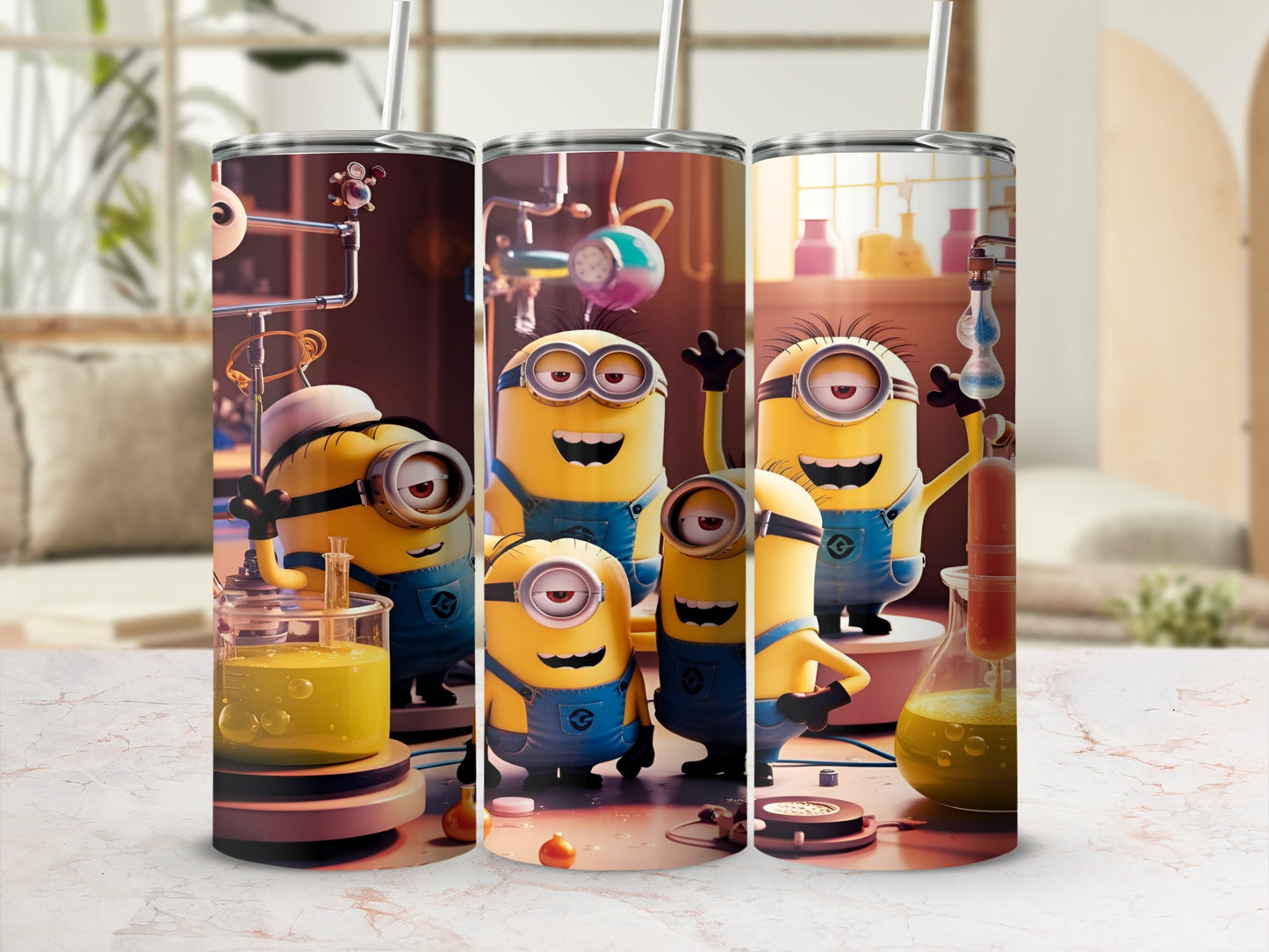 Three Minions in lab coats with beakers and scientific equipment.