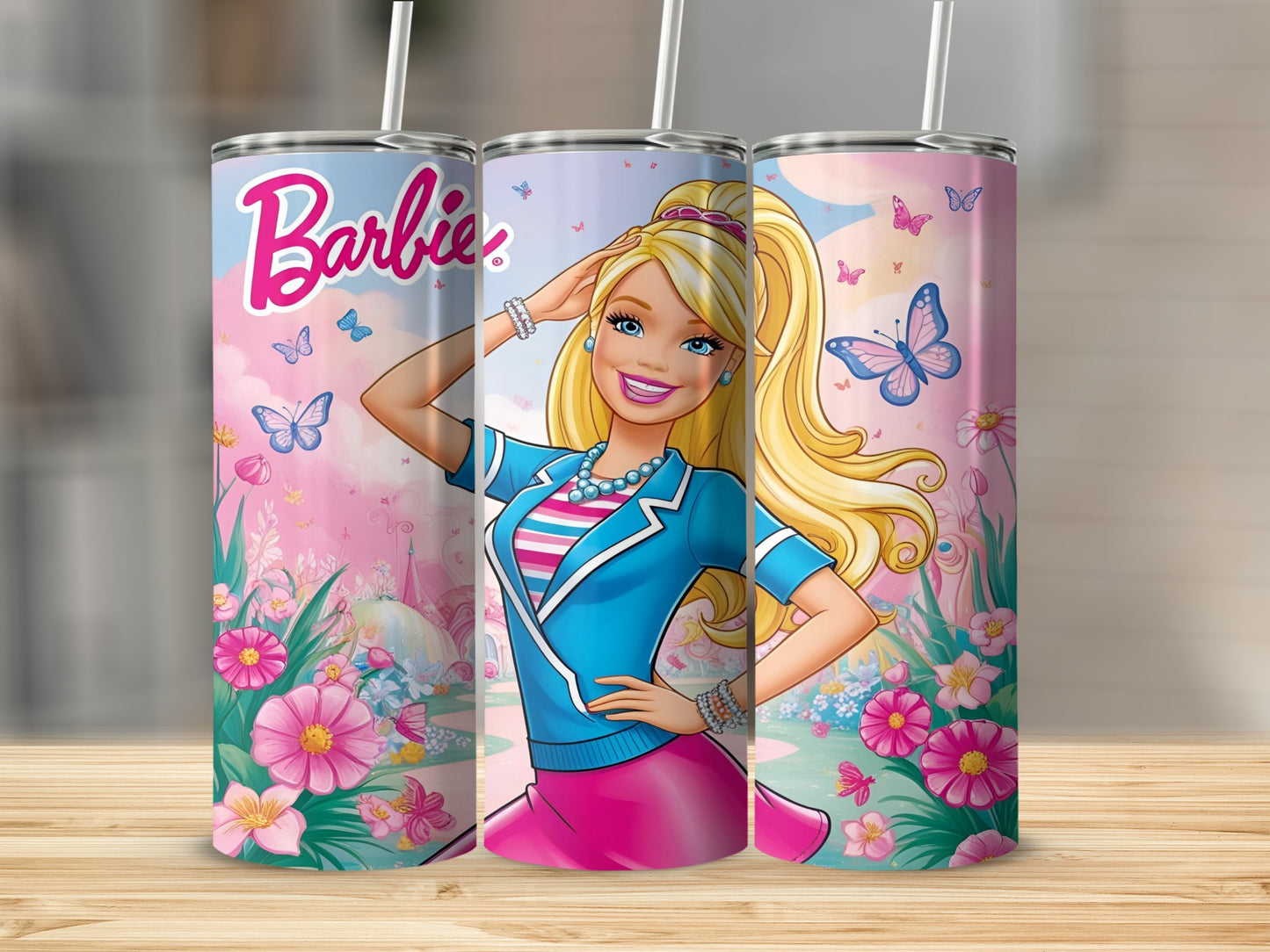 Barbie character in pink and blue outfit with butterflies and flowers.