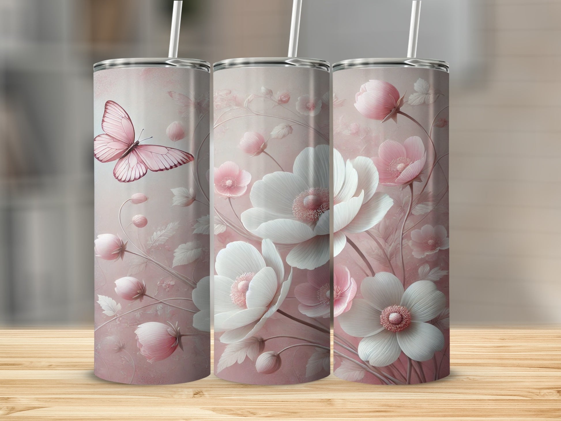Elegant Pink Butterfly and Floral Design Tumbler