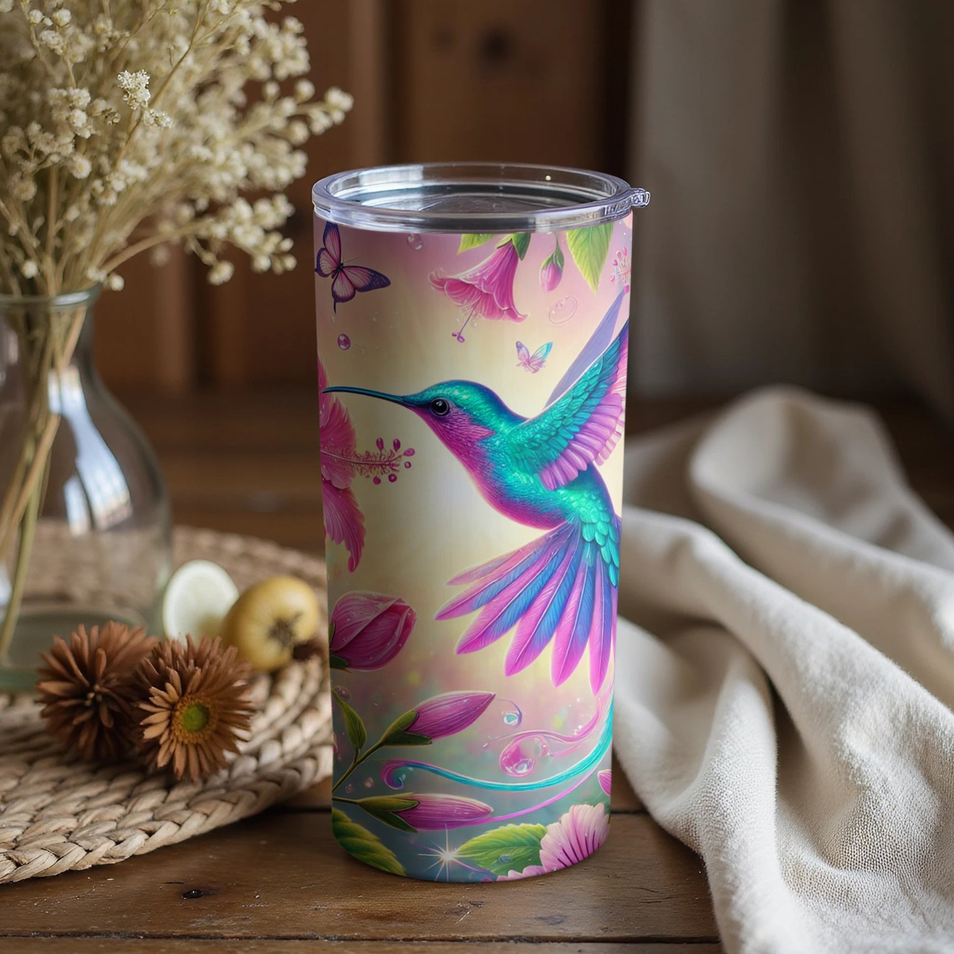 Colorful Hummingbird and Floral Design Tumbler Product