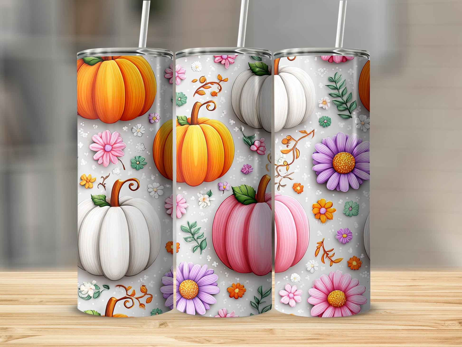 Colorful Pumpkin and Flower Design Tumbler