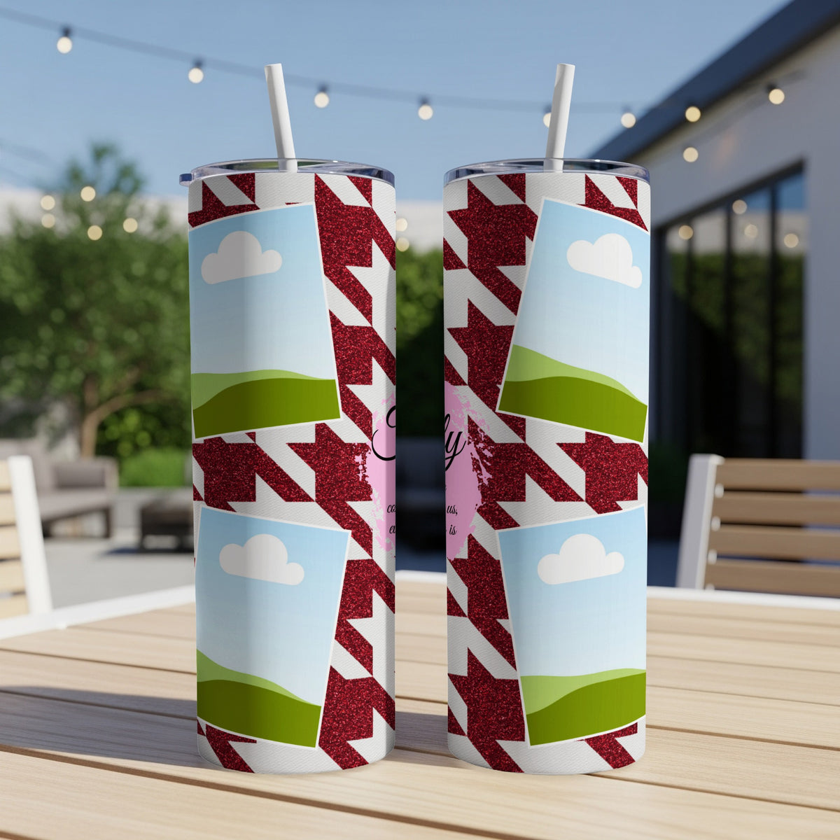 Two tumblers with glitter houndstooth pattern, sky, and cloud photos.