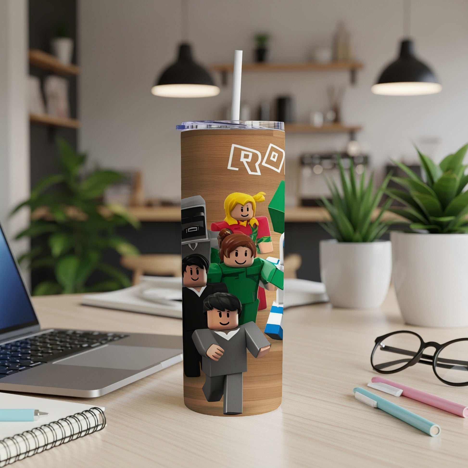 Roblox characters in cartoon style on a cylindrical tumbler.