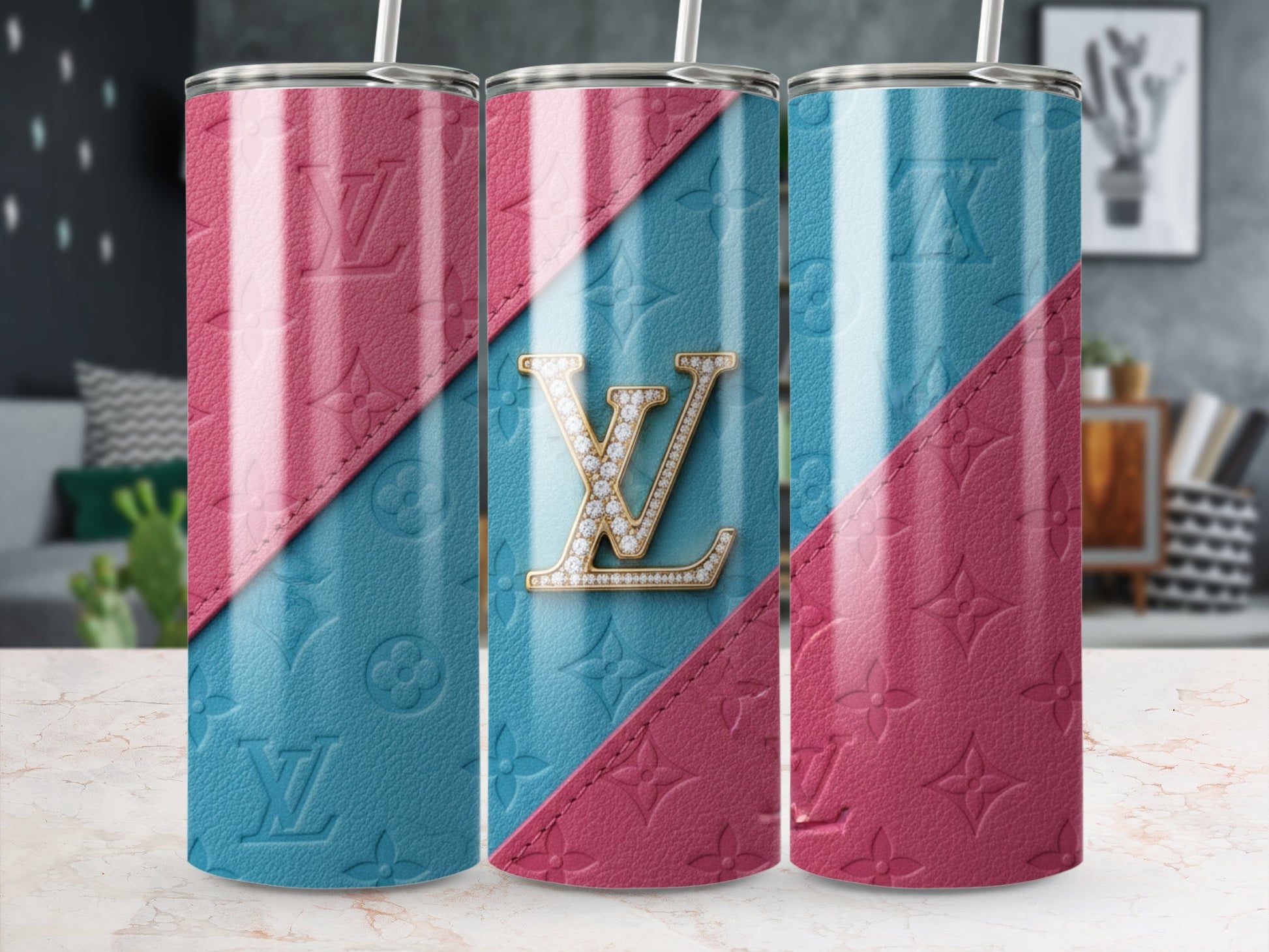 Stylish Blue and Pink Monogram Tumbler with Elegant Design