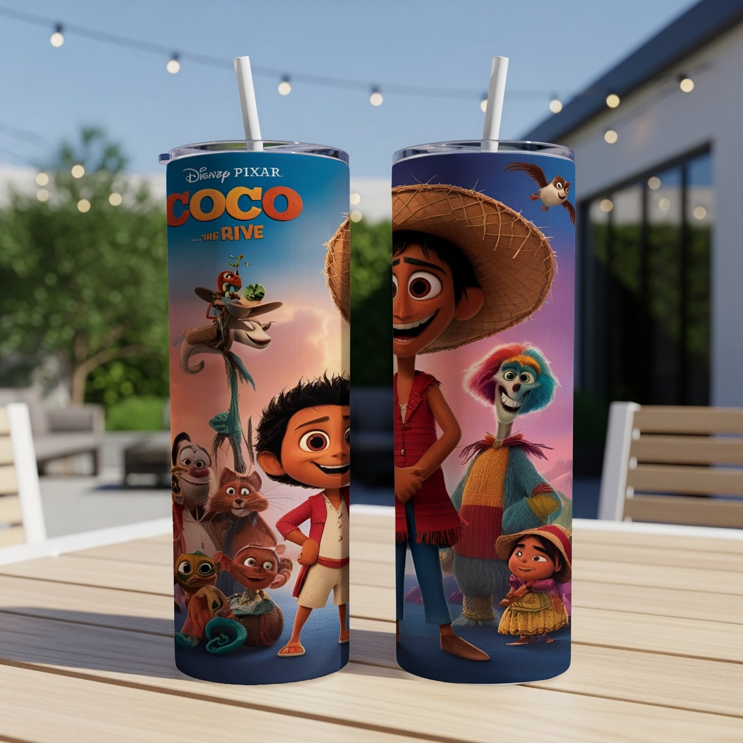 Disney Coco characters Miguel, Hector, and Mama Coco on a colorful tumbler.