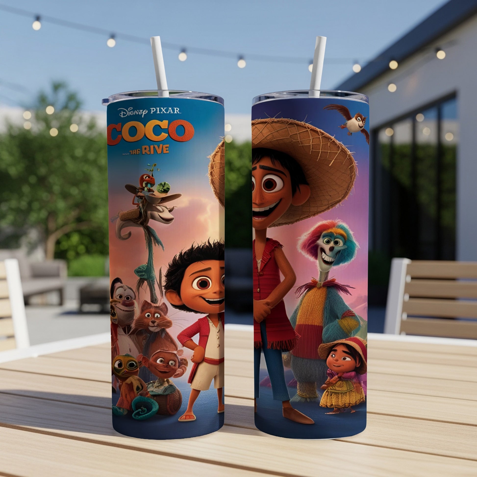 Disney Coco characters Miguel, Hector, and Mama Coco on a colorful tumbler.