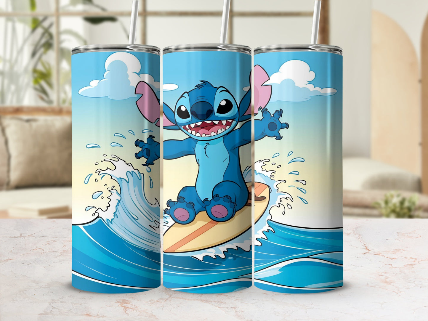 Blue Stitch on a surfboard riding a wave with a beach background.