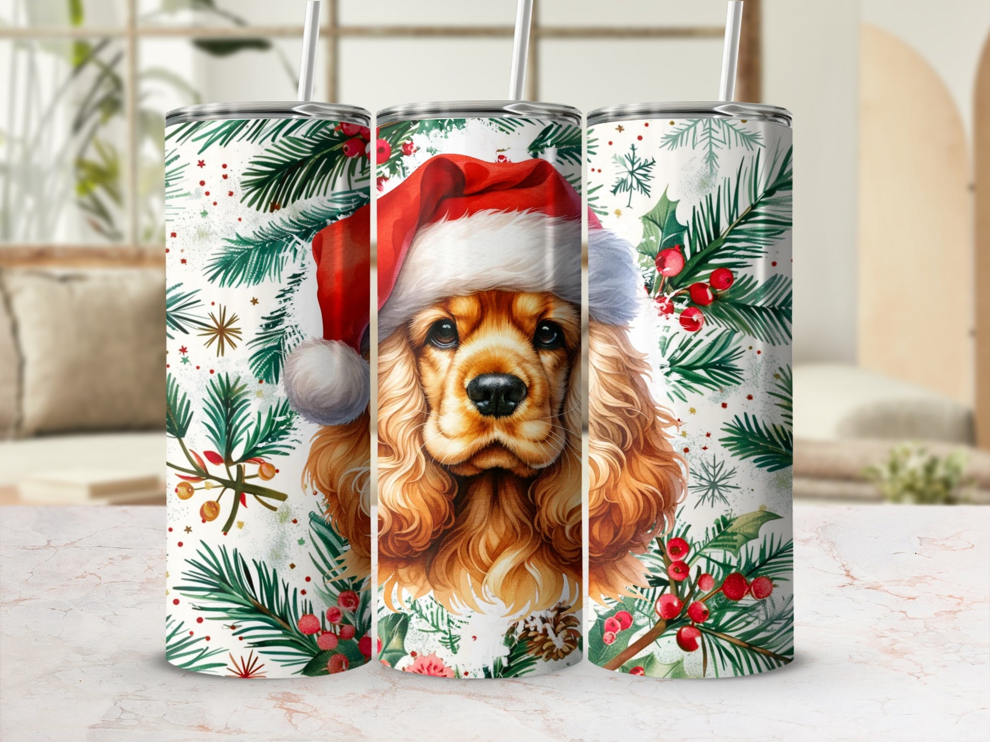 Christmas-themed tumbler with cocker spaniel wearing Santa hat and holly berries.