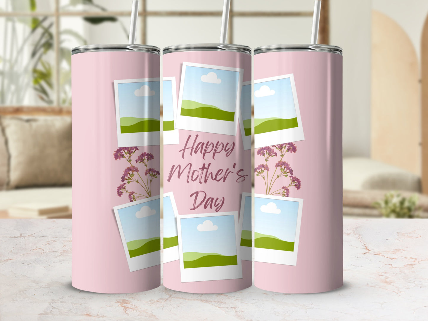 Pink tumblers with "Happy Mother's Day" text, floral accents, and photo frames.