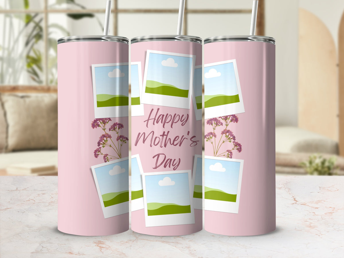 Pink tumblers with "Happy Mother's Day" text, floral accents, and photo frames.