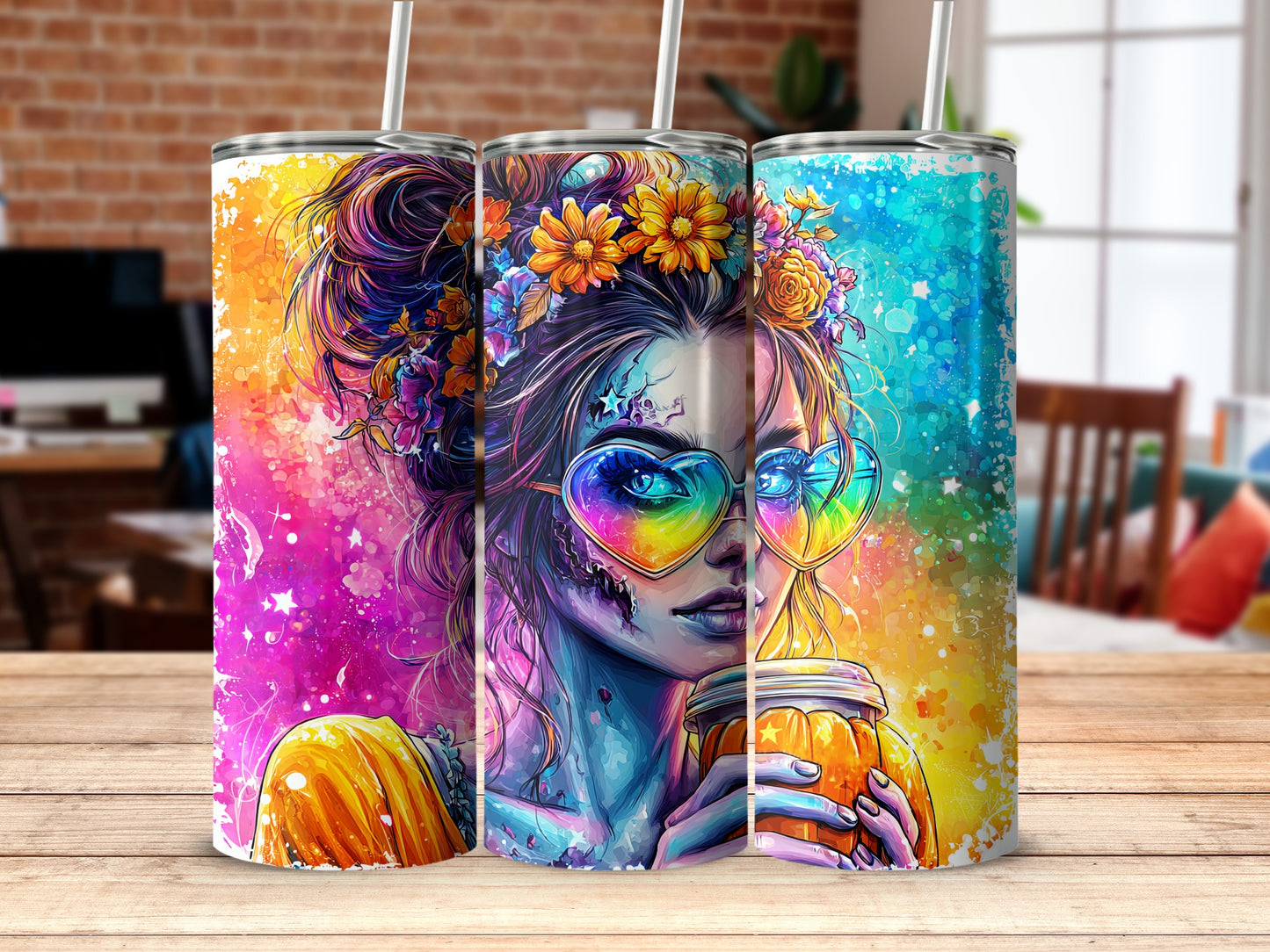 Vibrant Artistic Woman with Flowers and Glasses Product