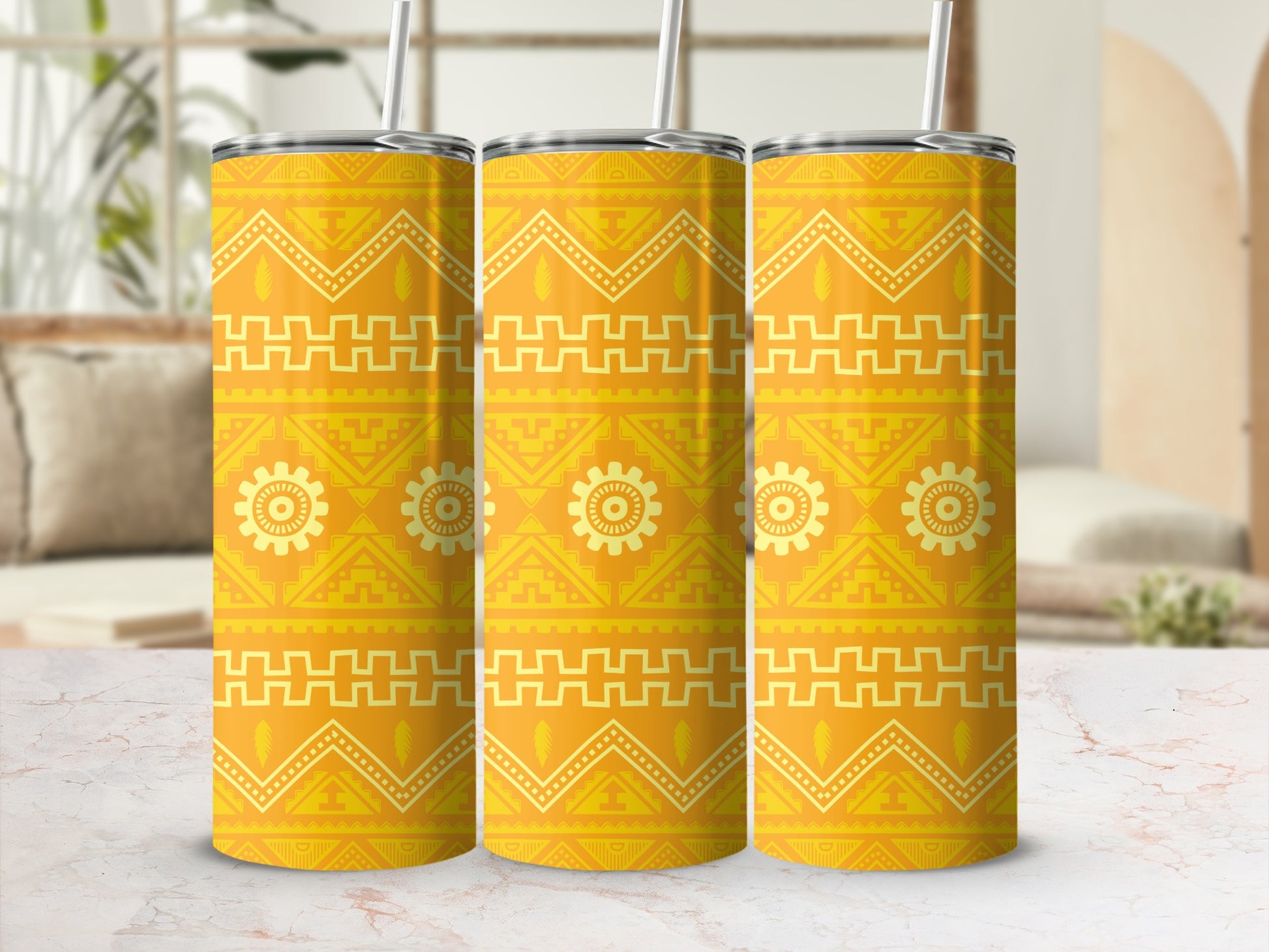 Bright Yellow Patterned Design Insulated Tumbler Cup