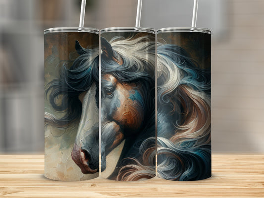 Painted horse portrait with flowing mane on a tumbler.