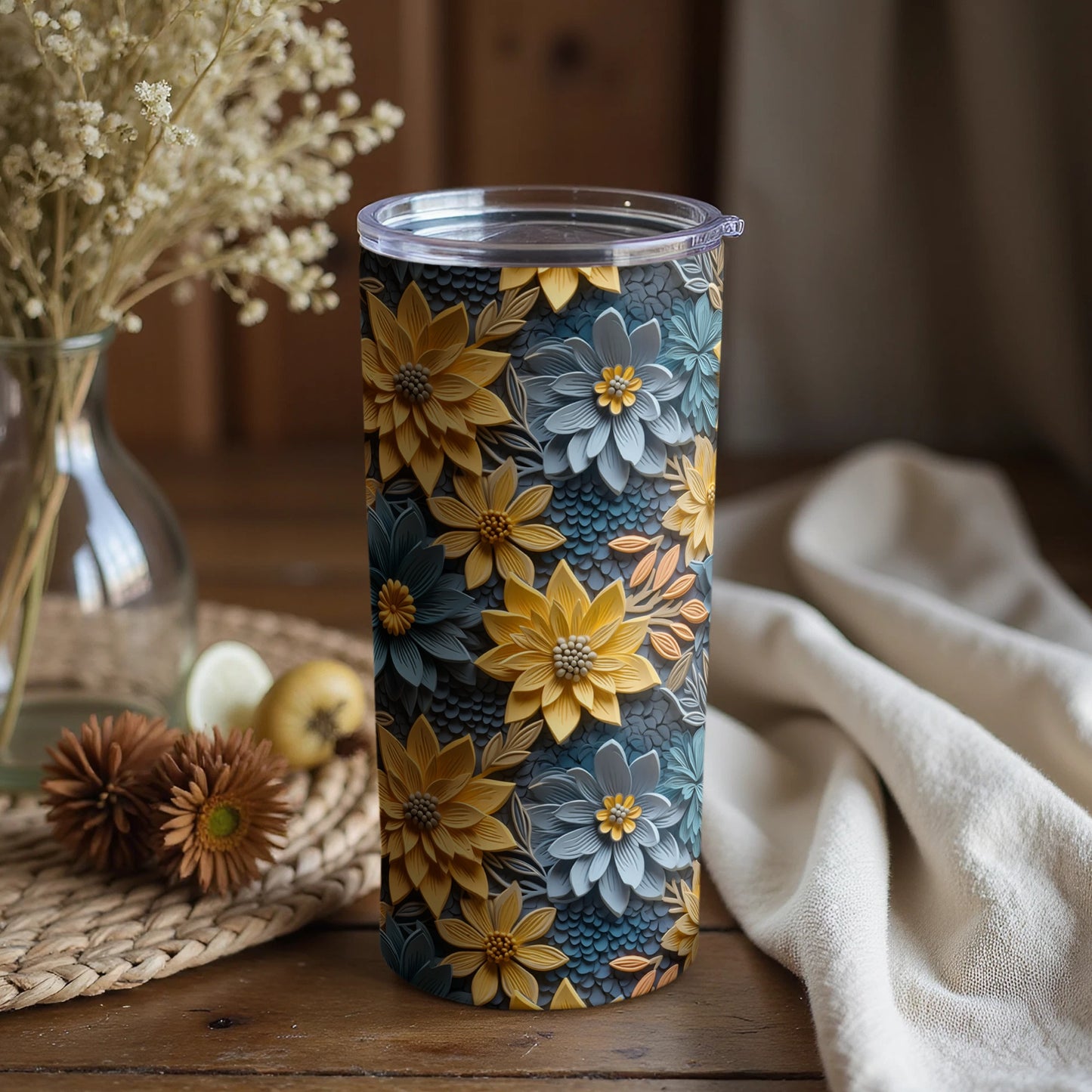 Floral Pattern Insulated Tumbler with Lid Travel Mug