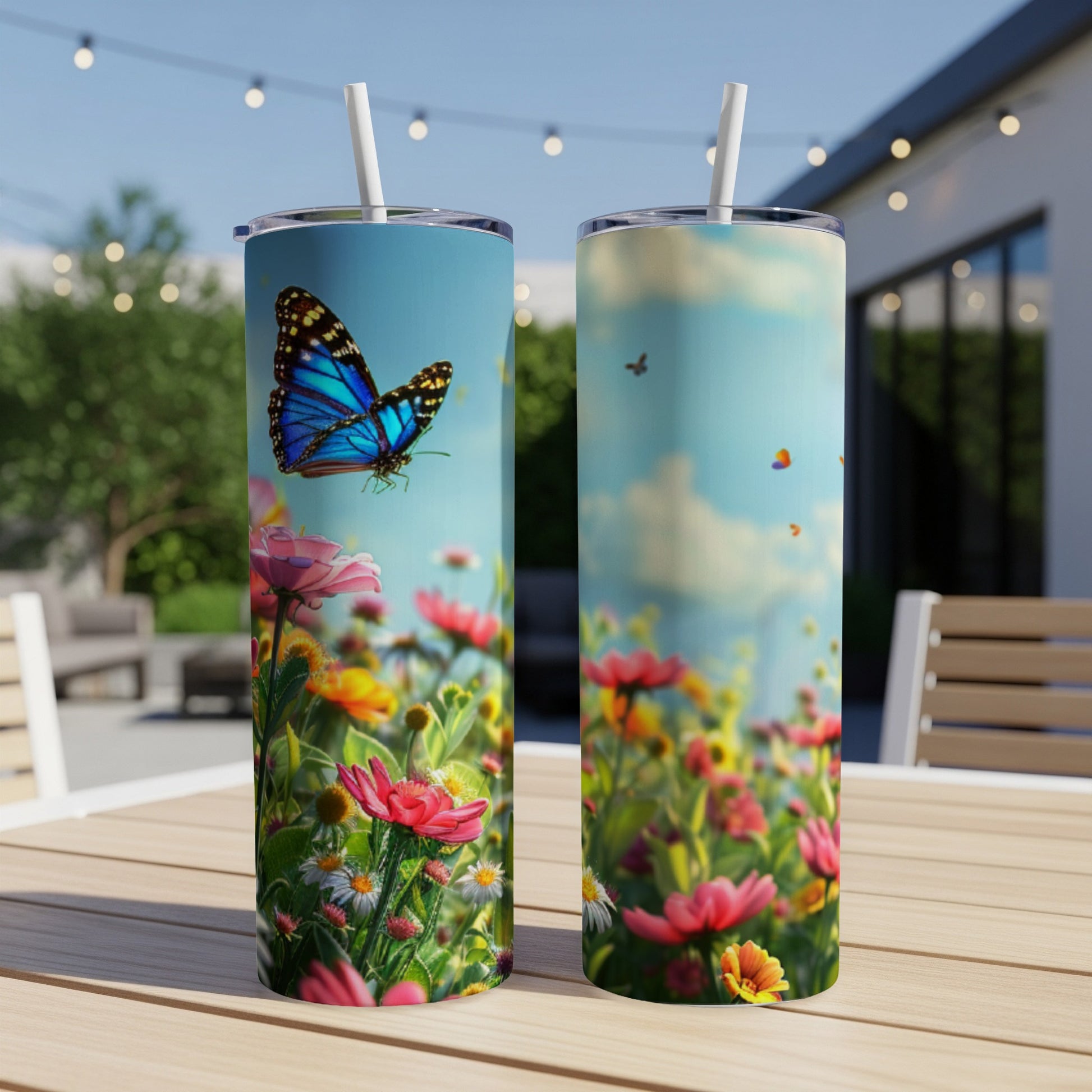 Two tumblers with a vibrant field of flowers and a blue butterfly.