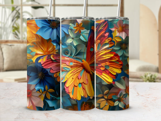 Tumbler with colorful butterfly and floral pattern.