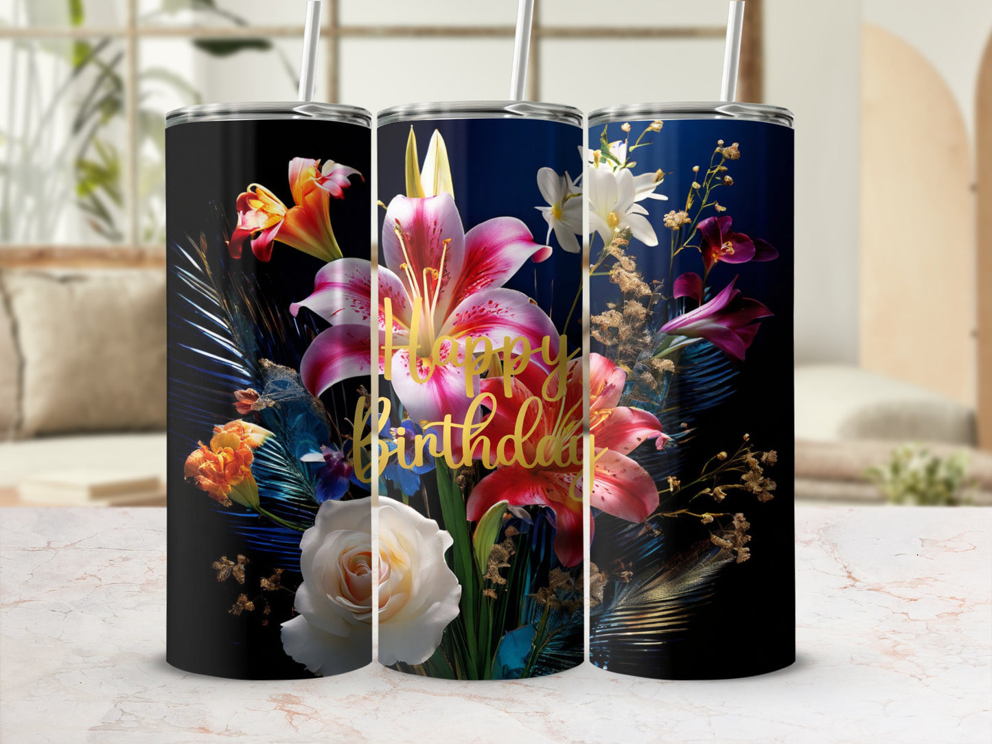 Three tumblers with floral designs and "Happy Birthday" text.