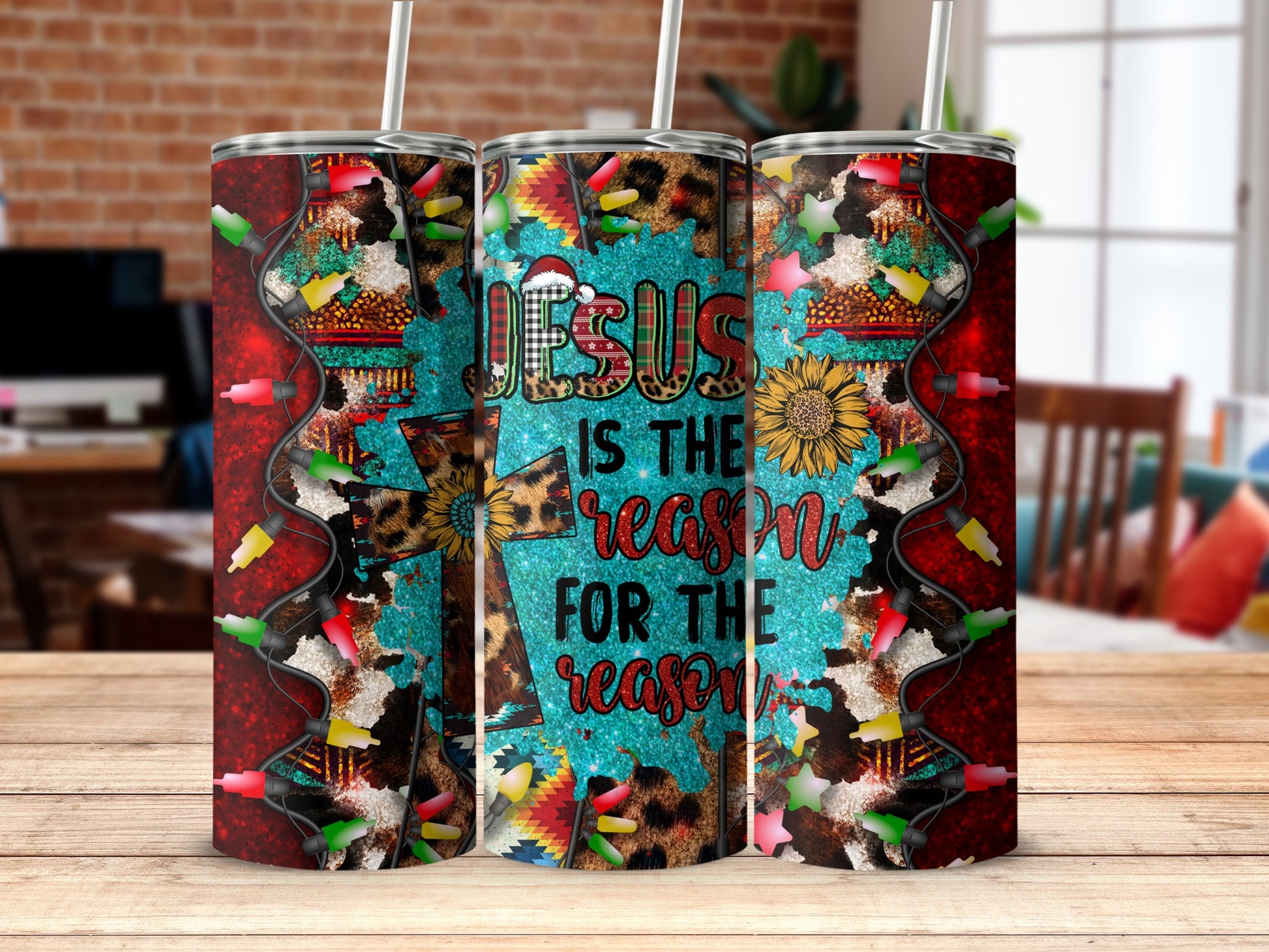 Jesus is the reason for the season tumbler with a cross, sunflower, and animal print.