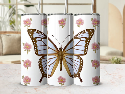 Three tumblers with a large butterfly and pink flowers design.