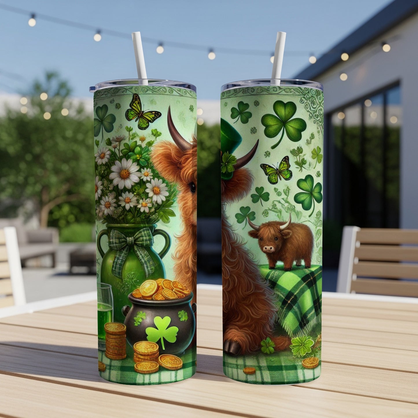 Two Saint Patrick's Day themed tumblers with Highland cows, shamrocks, and gold coins.
