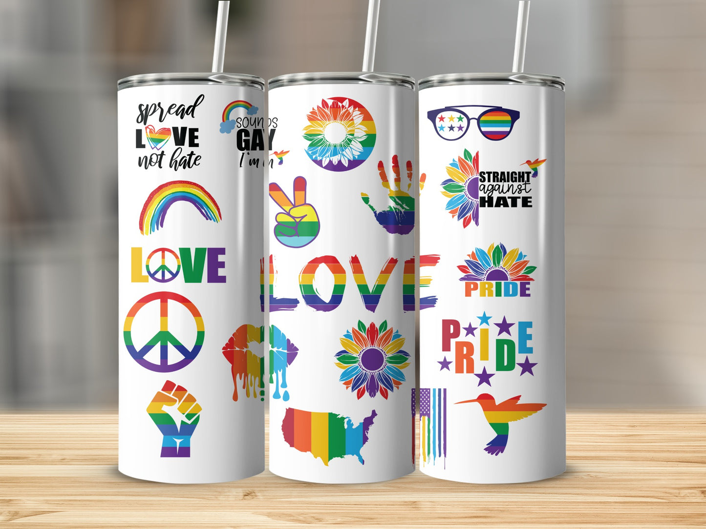 Rainbow pride tumbler with LGBTQ+ symbols and messages of love.